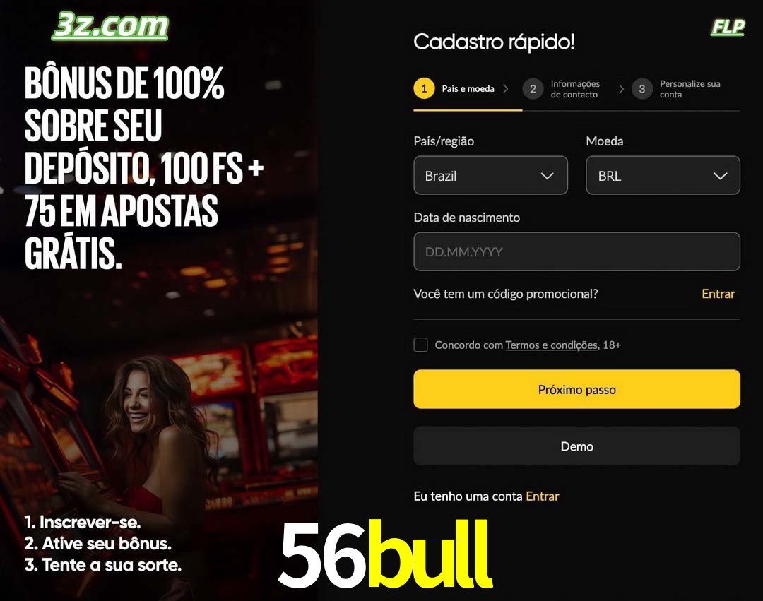 56bull registro oficial cassino online Brasil com bônus de depósito e free spins